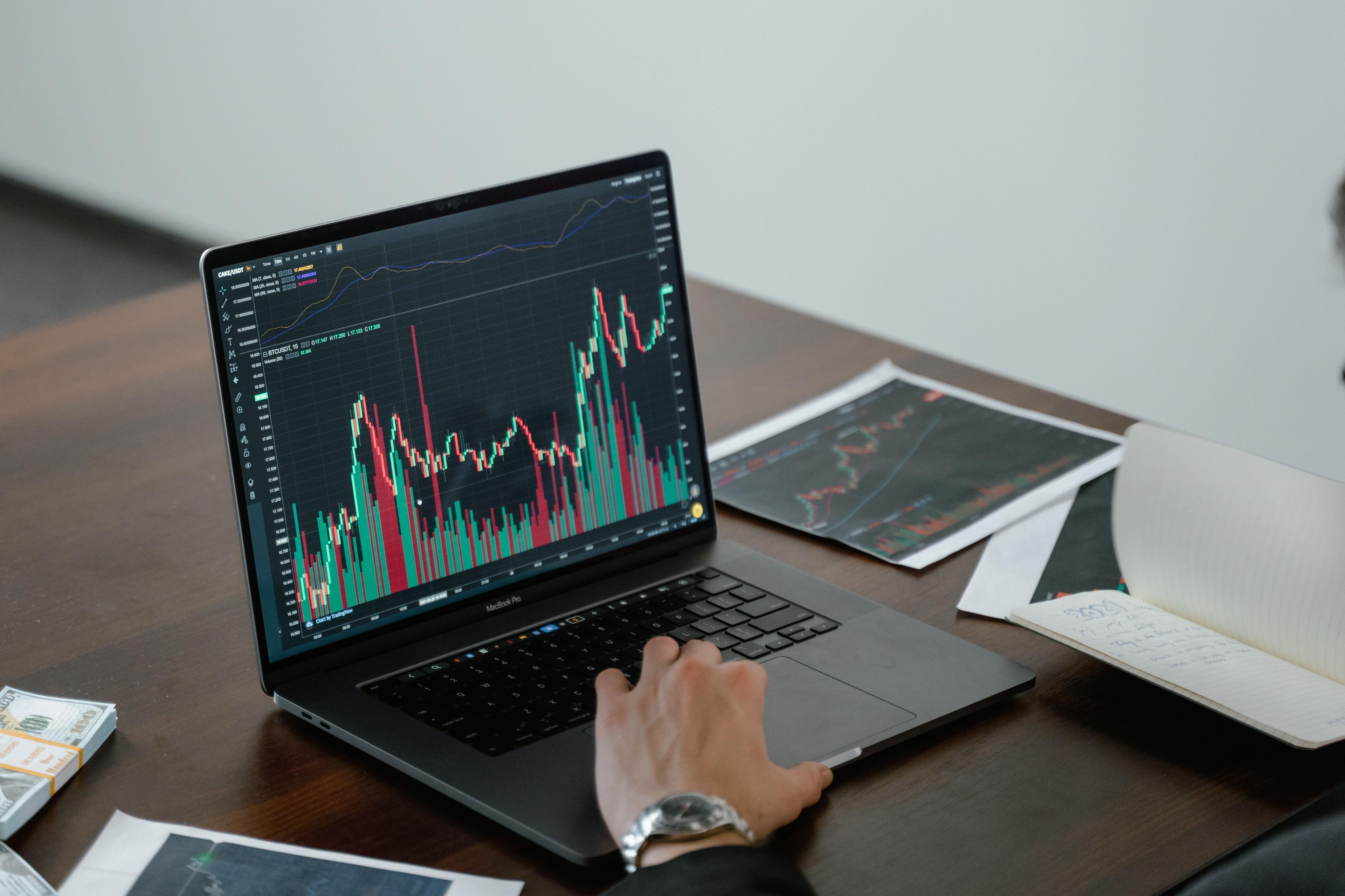 Person analyzing graph and analytics data on laptop screen