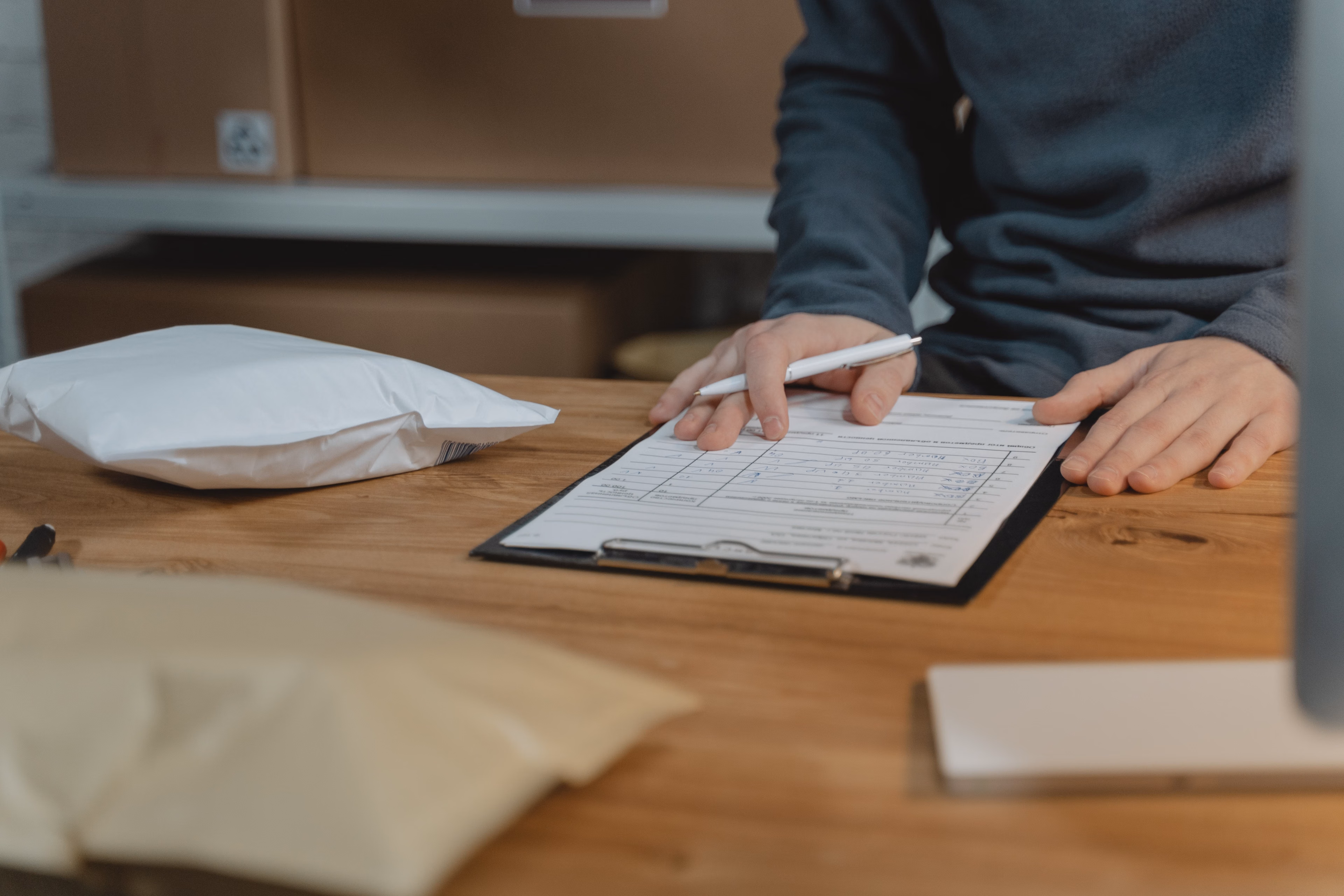 Close-up of a person filling out a paper form on a clipboard in an office