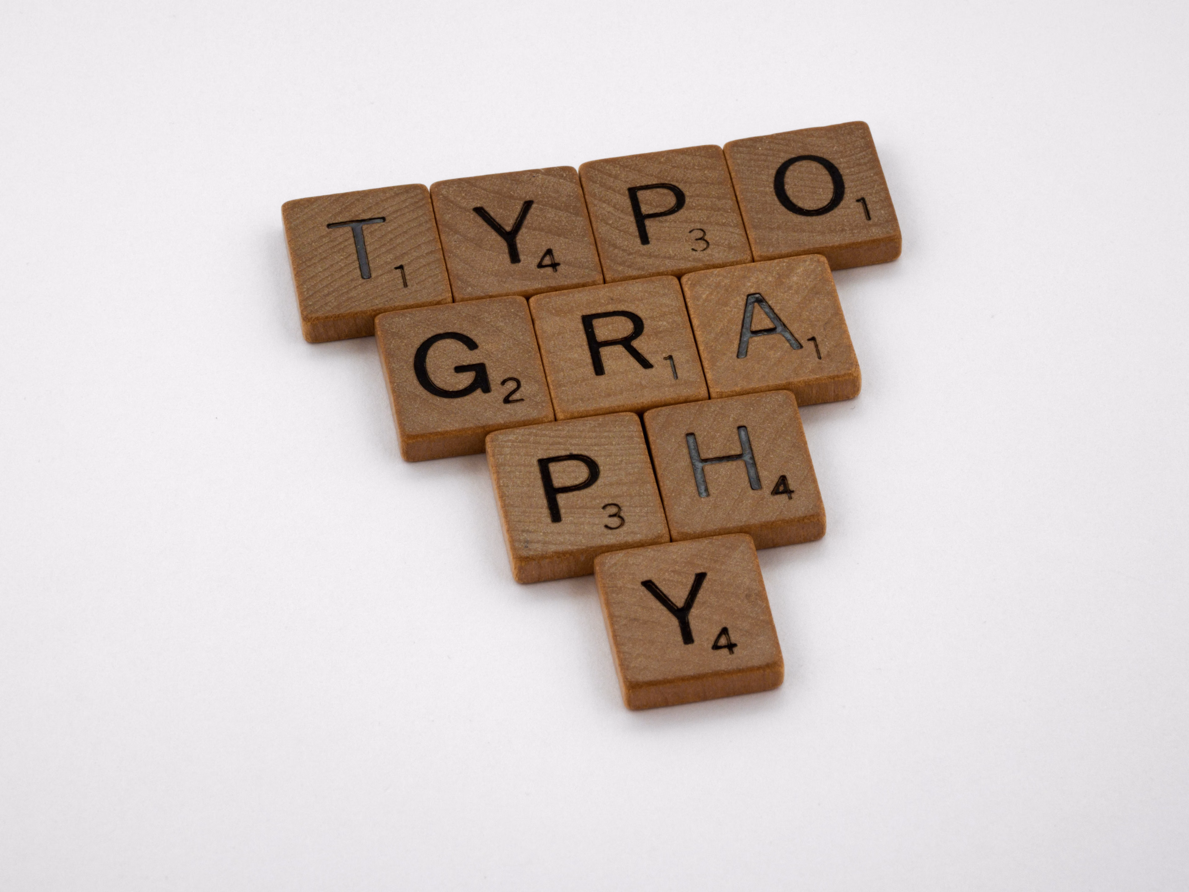 Wooden Scrabble tiles spelling the word typography on a white background