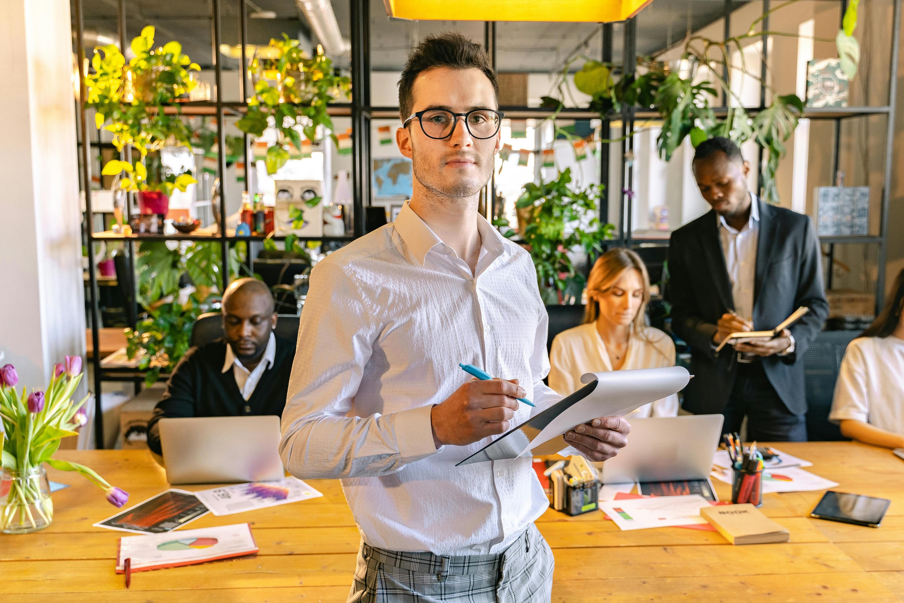 Professional working confidently at a modern workspace